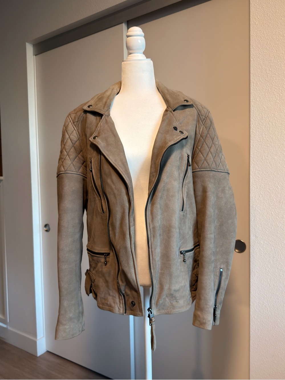 ALL SAINTS Kenji Biker Leather Moto Jacket in Taupe Beige with Quilted Shoulders